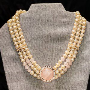 Handmade Vintage Rose Quartz Choker with Faux Pearls and 14kt Gold